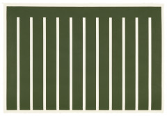 A horizontal dark green rectangle with eleven vertical bars of blank space evenly spaced inside of it, extending past the bottom edge of the rectangle.
