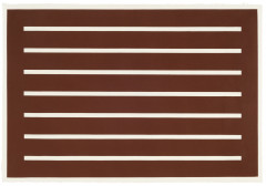 A horizontal  reddish brown rectangle with seven horizontal bars of blank space evenly spaced inside of it.