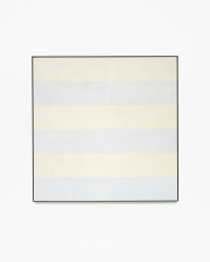 Square, framed painting with six alternating horizontal bands of pale yellow and blue.