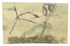 An abstract, loopy pencil drawing on a piece of paper awash with blue and brown watercolor pigment.