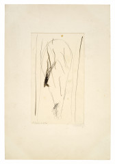 A loose, abstract ink drawing that includes a shape like chicken drumstick with a darker, more tightly scribbed section in the middle.