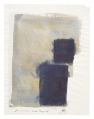 Two dark blue rectangles are painted against a blue, rectangular wash of watercolor paint on white paper.
