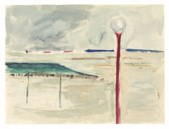 A watercolor painting of an abstracted landscape with a red streetlamp in the foreground.