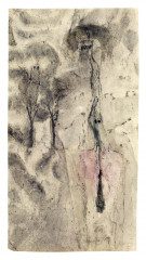 An abstract watercolor and ink drawing with a small splash of pink on a beige ground.