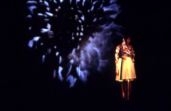 A mostly black photo with a shadowy woman dressed in yellow and orange standing on the right side and looking away. Behind her is a blurry projection of an indigo organic form, perhaps a flower.