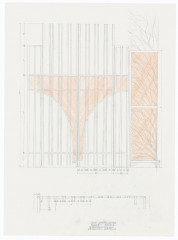 A sketch for iron gates at Dia Beacon, consisting primarily of a frontal view of the vertical bars, with a tree coming in from the right. Below is an aerial view of the gates, as well as text denoting dates and scale. Portions of the drawings are done in orange.
