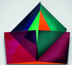 Jewel colored squares and triangles overlap each other on a white background.