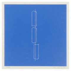 A square print of three portrait-oriented, irregular rectangular forms aligned on a straight vertical line. The bottom form is offset to the right of the top and middle forms. The negative space is ultramarine with a thin border.