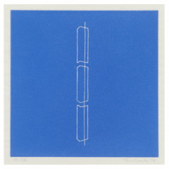 A square print of three portrait-oriented, irregular rectangular forms aligned on a straight vertical line. More area of the forms is offset to the left of the line. The negative space is ultramarine with a thin border.
