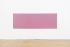 A long rectangular painting of medium pink with a lighter pink border hangs horizontally from a white wall above a wooden floor.