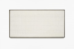 Rectangular, horizontal, beige, framed painting with grid of thin, gray lines.