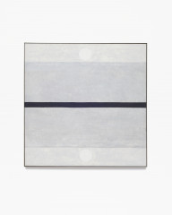 Square, gray, framed painting with thin, horizontal, black stripe at center with four horizontal, gray bands and two white dots above and below the stripe.