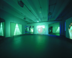 Large rectangular projection screens of various objects alternate with similarly large rectangular mirrors that reflect other projection screens and mirrors in a large green-lit space.
