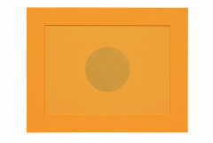 An orange, horizontally oriented, rectangular sheet of paper features a faint circular drawing of curvilinear lines at center and is placed on a matching orange matte board.