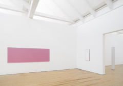 A wide and short rectangular pink painting hung on a white wall, with a small and narrow rectangular painting on the perpendicular wall. There is a narrow rectangular pillar sculpture visible through a doorway on the right.