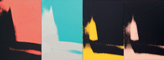 Four iterations of the same vertically oriented print of an abstracted and vague shadow form that descends on the left and moves across the bottom edge. The first has a coral background with black shadow, then an aqua background and white shadow, and the third and fourth have yellow and peach shadows, respectively, both with black backgrounds.