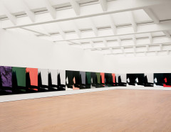 The corner of a gallery, with both walls lined with many iterations of the same vertically oriented print of an abstracted and vague shadow form that descends on the left and moves across the bottom edge. Each print is in black and one other color, either red, coral, peach, white, grey, shades of green, or deep purple.