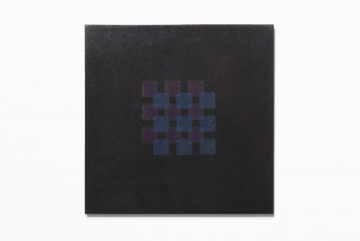 Square, black-speckled painting overlaid with two intersecting grids of 3 x 3 squares, blue atop purple.