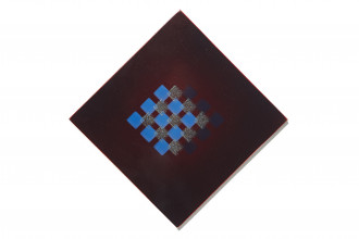 Maroon diamond with central grid of overlaid blue, sparkly silver, and black squares.