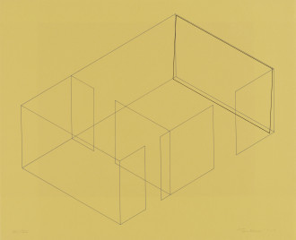 A gray line drawing of an aerial view of an architectural space is placed diagonally on a yellow background. A black rectangle is slightly offset from the rightmost 
