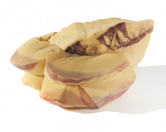 Folded, beige, foam form with various multicolored markings.