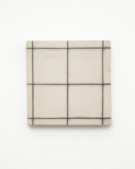 Thin black lines are painted in a grid over a square beige canvas.