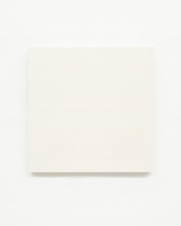 An off-white square is painted white with two thin parallel horizontal lines drawn in pencil near the center. The letter 