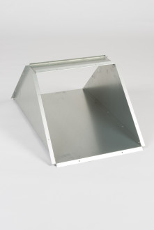 A metal trapezoidal prism, with both the right and left sides removed so that all that remains are the front and back faces, and the small top face and larger bottom face, creating a tube.