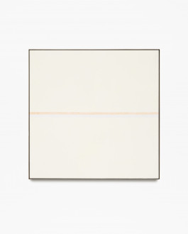 Square, beige, framed painting with horizontal, pale orange and pale blue stripes at center.