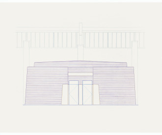 A rendering of an entrance to a building is drawn with purple, blue, and yellow.