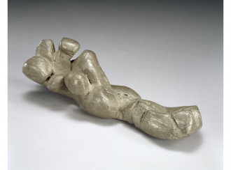 A rectangular silver form with various appendages rests on a white surface.