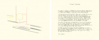 Two adjacent beige rectangular pieces of paper, the left displaying a multicolored line drawing, the right a block of handwritten text