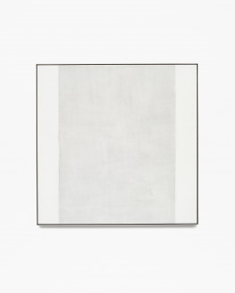 Square, framed painting with a thick, vertical, gray band at center and two thin, vertical, white bands along left and right edges.