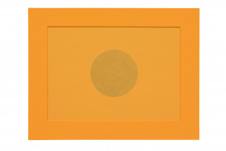 An orange, horizontally oriented, rectangular sheet of paper features a faint circular drawing of curvilinear lines at center and is placed on a matching orange matte board.