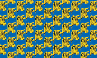 A repeating image of a yellow cow head on a blue background.