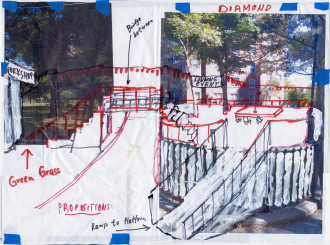 A schematic design of an artwork proposal is attached to a wall with many pieces of blue painter's tape. Black and red marker drawings of an outdoor sculpture overlays two photographs of outdoor spaces with trees and an apartment building are in the background.