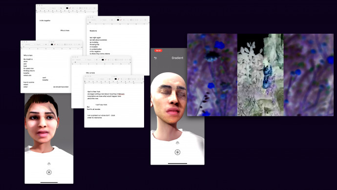 Layers of windows are open on a computer screen depicting faces, small clips of texts, and color-altered images of plants, one with a person walking through foliage.